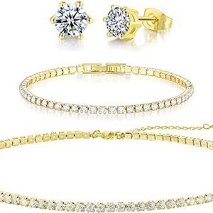Tennis Necklace Bracelet Earrings Jewelry Sets for Women Teen Girls 14K White